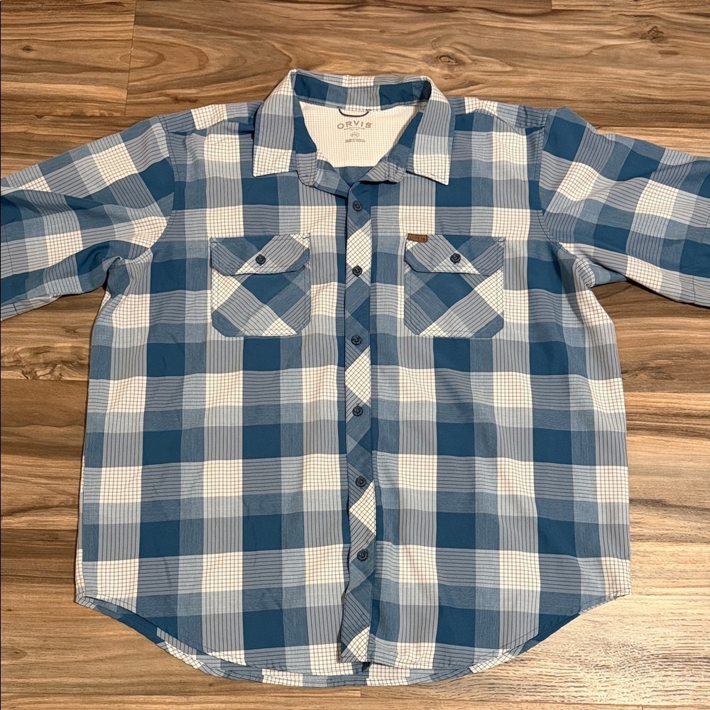 ORVIS Men’s Blue Plaid Woven Tech Vented Short Sleeve Shirt Size XXL Fishing